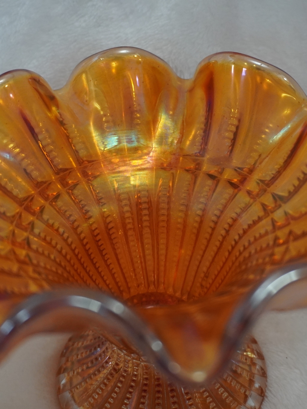 Iridescent Amber Marigold Carnival Glass Pedestal Dish - Picture 2 of 7